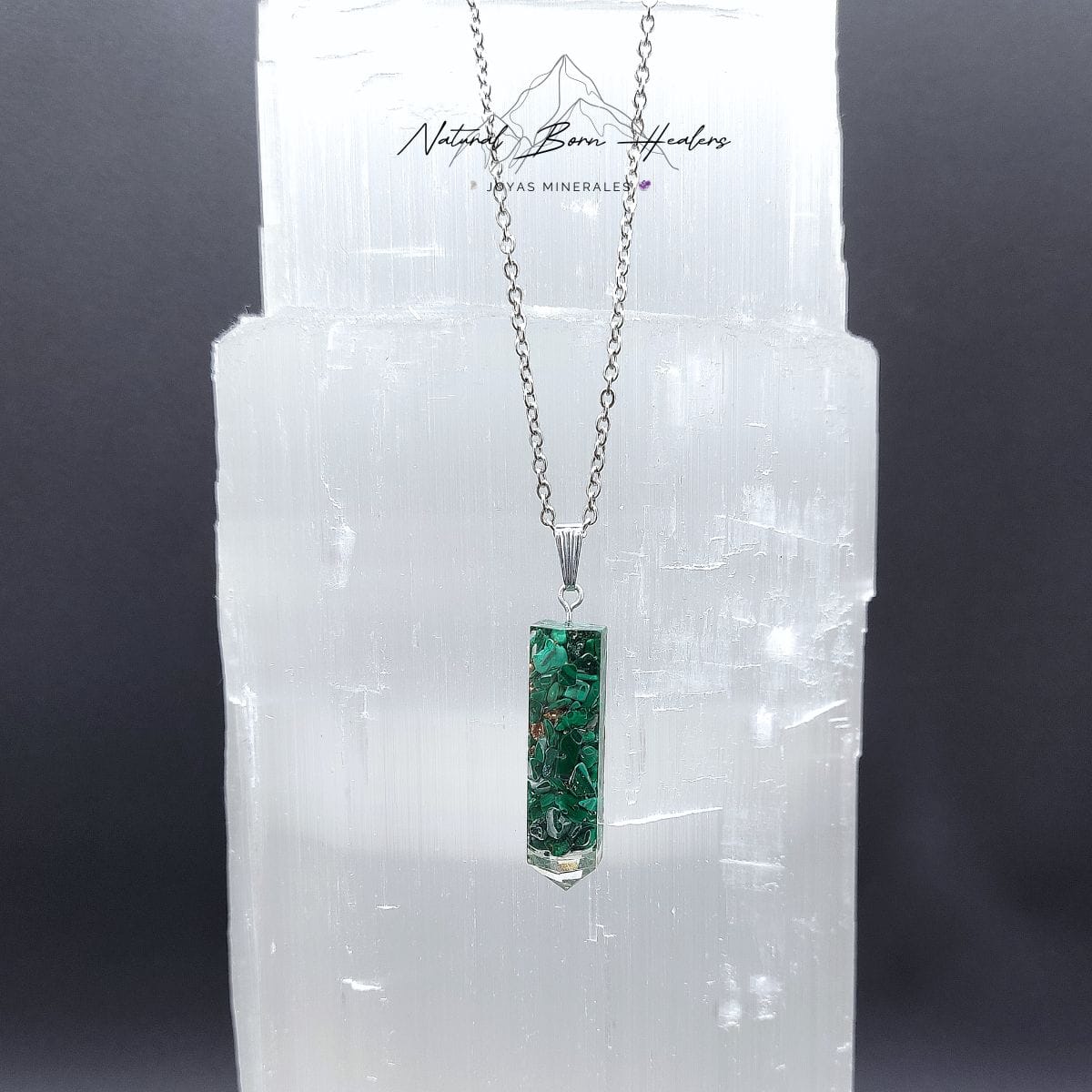 colgante malaquita orgonite acero